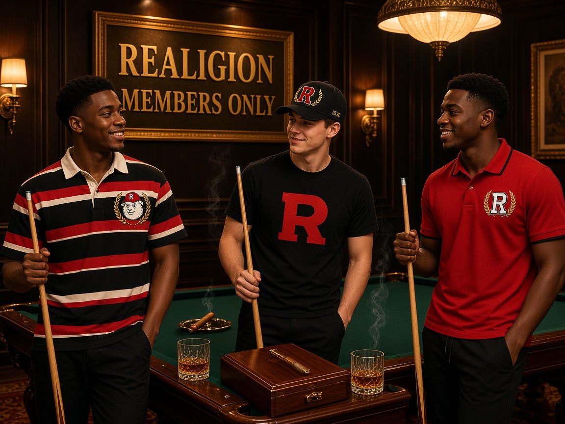 REALIGION Members Only billiards room: black and red striped rugby shirt with lamb crest, black R tee with black Wreath R fitted cap, and bright red Wreath R polo