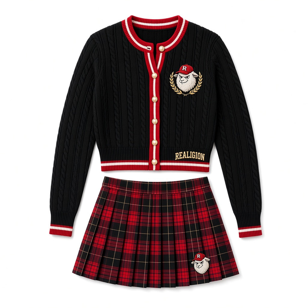 REALIGION Varsity set: cropped black cable-knit cardigan with red and cream trim and gold buttons, with red and black tartan pleated mini skirt