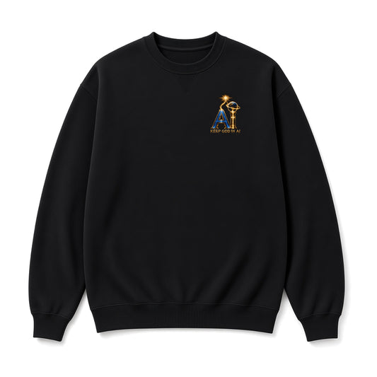 KEEP GOD IN AI Heaven Sent black crewneck, front on white background: left-chest gold AI logo