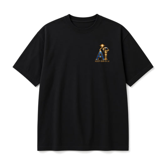 KEEP GOD IN AI Heaven Sent black tee, front on white background: left-chest gold AI logo