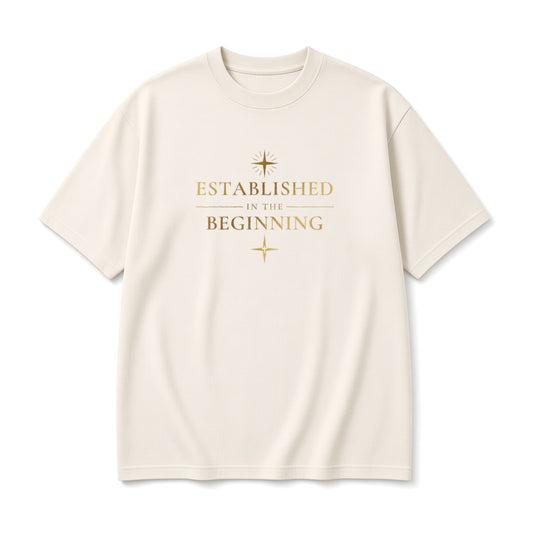 KEEP GOD IN AI Established in the Beginning cream tee, front on white background: gold "ESTABLISHED IN THE BEGINNING" front print
