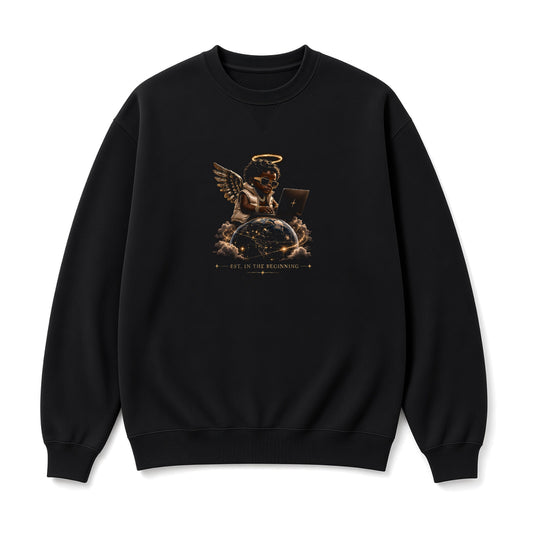 KEEP GOD IN AI Angel Baby x Tech vs All Y'all black crewneck, front on white background: small angel baby on a laptop chest print