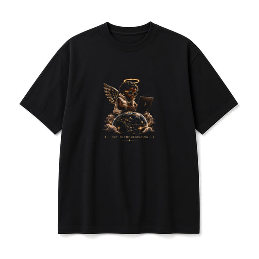 KEEP GOD IN AI Angel Baby x Tech vs All Y'all black tee, front on white background: small angel baby on a laptop chest print