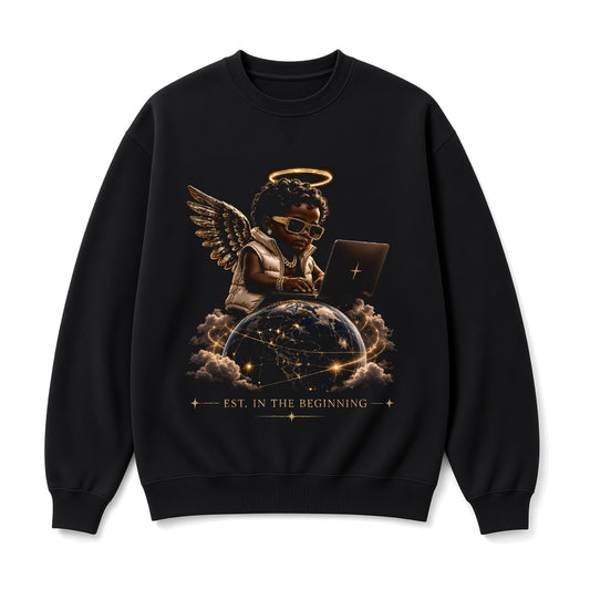 KEEP GOD IN AI Angel Baby Full Front black crewneck, front on white background: full-front angel baby with halo on a laptop atop the globe