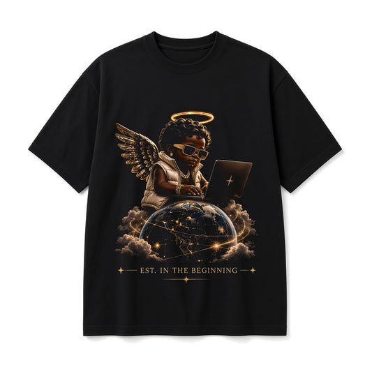 KEEP GOD IN AI Angel Baby Full Front black tee, front on white background: full-front angel baby with halo on a laptop atop the globe