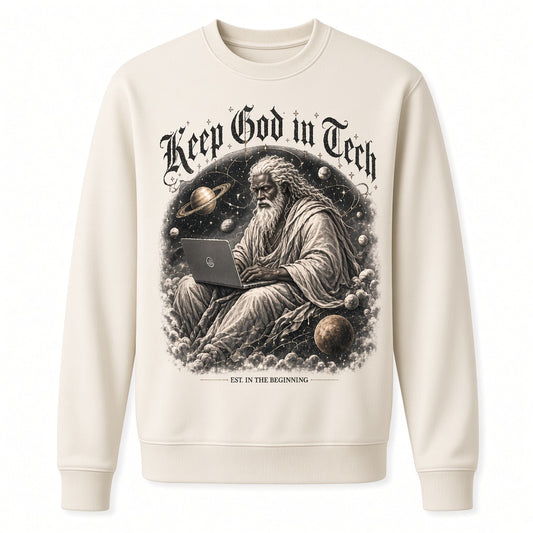 KEEP GOD IN AI Keep God in Tech Cream Crewneck, front on white background: full-front Keep God in Tech print, a Black elder God figure on a laptop among the planets, with EST. IN THE BEGINNING