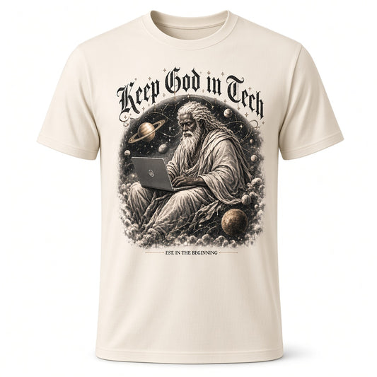 KEEP GOD IN AI Keep God in Tech Cream Tee, front on white background: full-front Keep God in Tech print, a Black elder God figure on a laptop among the planets, with EST. IN THE BEGINNING
