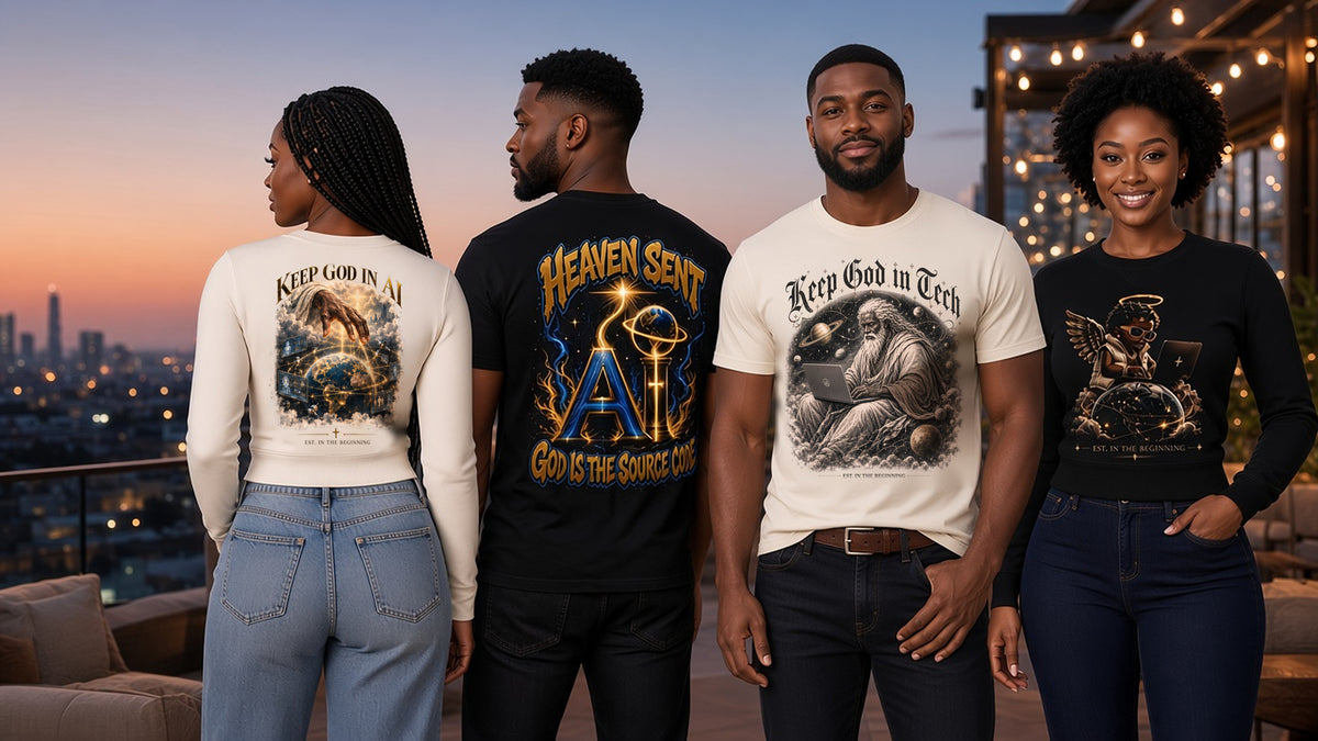KEEP GOD IN AI banner: four models on a rooftop lounge at dusk over the city skyline wearing the collection: Established in the Beginning cream long-sleeve (back print), Heaven Sent black tee (back print), Keep God in Tech cream tee and Angel Baby black long-sleeve (front prints)