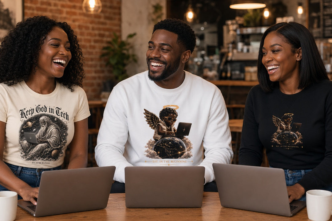 KEEP GOD IN AI lifestyle: three friends laughing over laptops in a coffee shop wearing the Keep God in Tech cream tee, Angel Baby Full Front white crewneck and Angel Baby x Tech vs All Y'all black crewneck