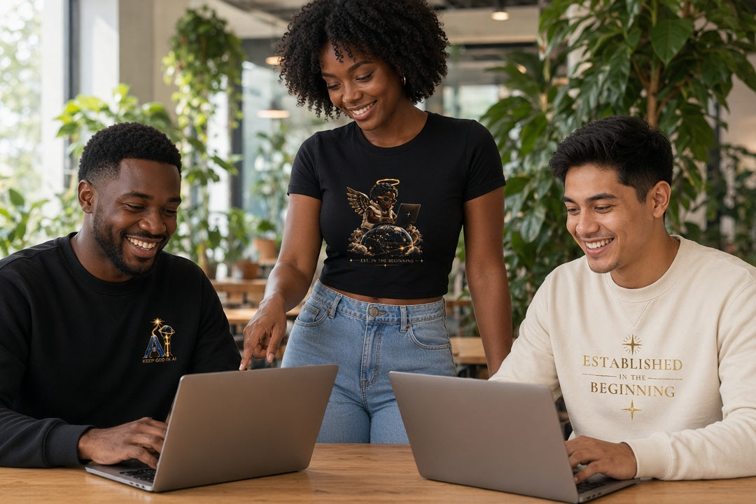 KEEP GOD IN AI lifestyle: three coworkers at laptops in a bright coworking space wearing the Heaven Sent black crewneck, Angel Baby x Tech vs All Y'all black tee and Established in the Beginning cream crewneck