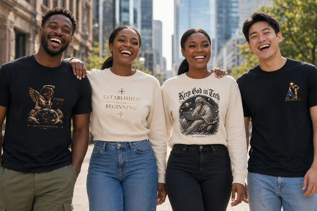 KEEP GOD IN AI lifestyle: four friends walking downtown wearing the Angel Baby x Tech vs All Y'all black tee, Established in the Beginning cream crewneck, Keep God in Tech cream crewneck and Heaven Sent black tee
