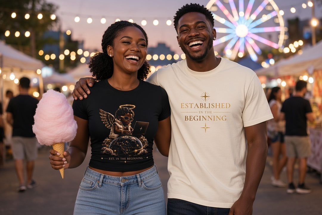 KEEP GOD IN AI lifestyle: couple at a night street festival with string lights and a Ferris wheel wearing the Angel Baby Full Front black tee and Established in the Beginning cream tee