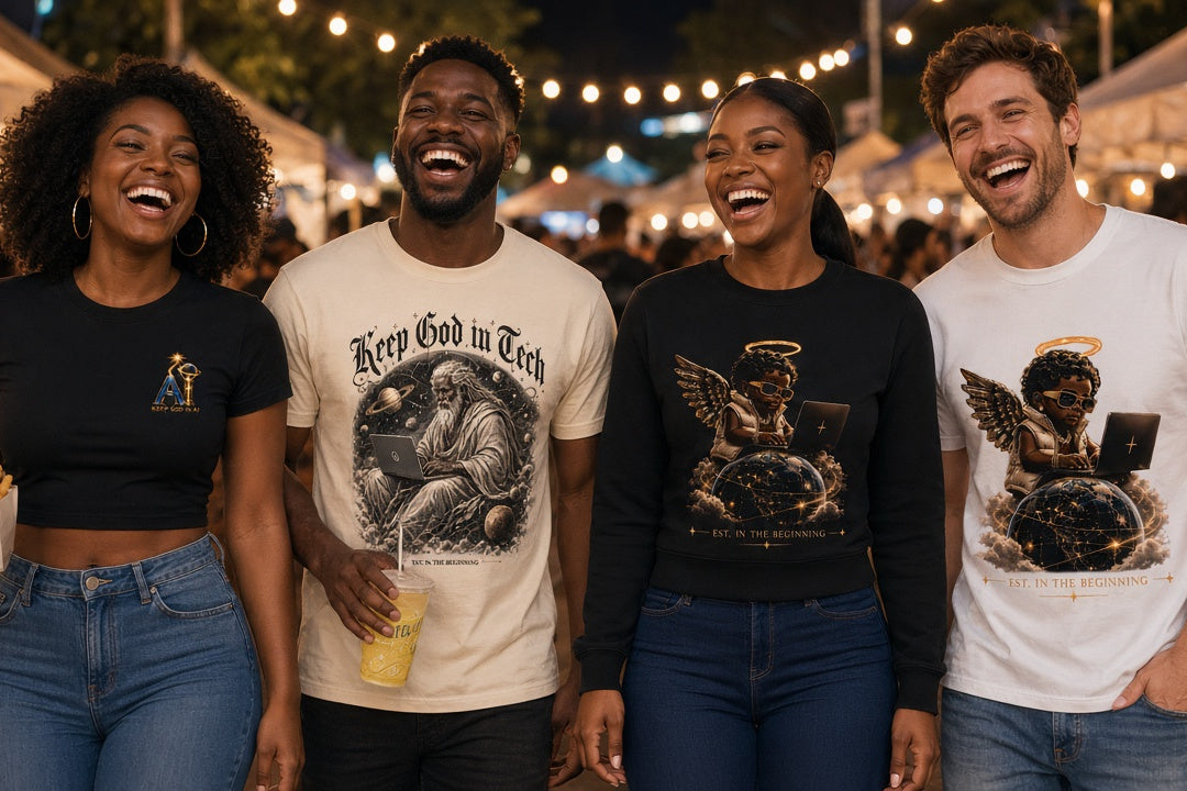 KEEP GOD IN AI lifestyle: four friends at an evening street festival wearing the Heaven Sent black tee, Keep God in Tech cream tee, Angel Baby Full Front black crewneck and Angel Baby Full Front white tee