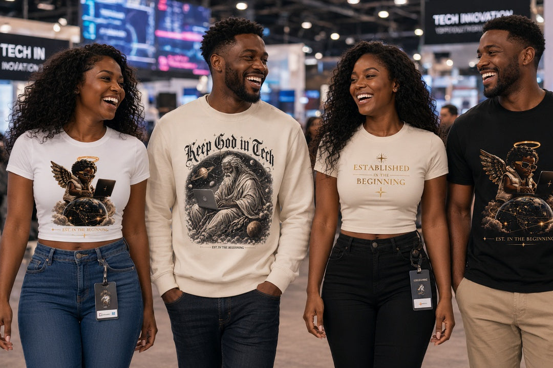 KEEP GOD IN AI lifestyle: four friends with lanyards at a tech conference wearing the Angel Baby Full Front white tee, Keep God in Tech cream crewneck, Established in the Beginning cream tee and Angel Baby Full Front black tee
