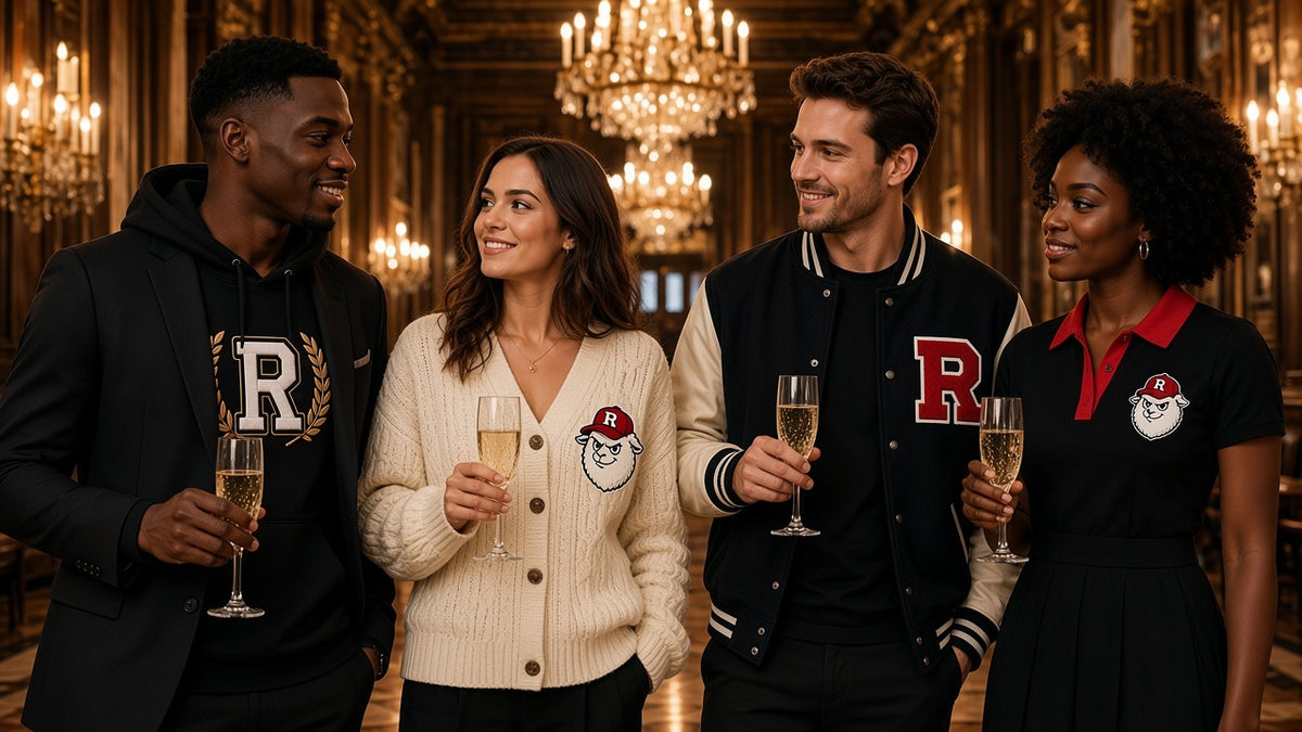 REALIGION Varsity lifestyle: candlelit soiree with the black Wreath R hoodie, cream cable-knit cardigan, black and cream letterman jacket and black polo dress