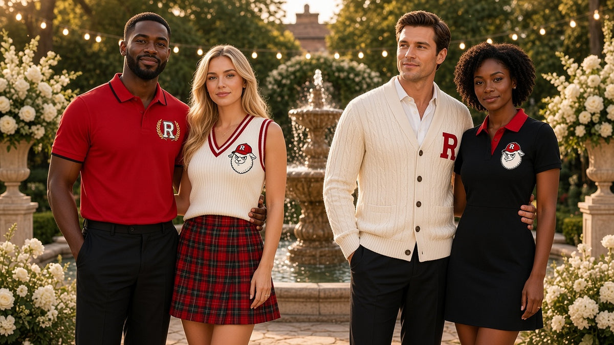 REALIGION Varsity lifestyle: golden-hour garden gala with the bright red Wreath R polo, cream sweater vest with tartan skirt, cream cable-knit cardigan and black polo dress