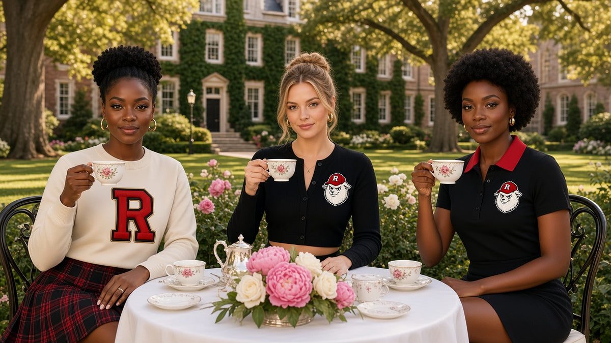REALIGION Varsity lifestyle: garden tea party with the cream R crewneck and tartan skirt, a black cropped cardigan and the black polo dress