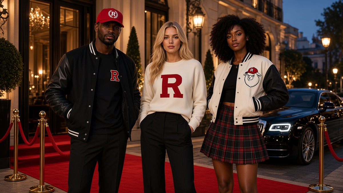 REALIGION Varsity lifestyle: night arrival at a members' club in the black letterman jacket, red Wreath R fitted cap, black R tee, cream R crewneck and cream cropped bomber with tartan skirt