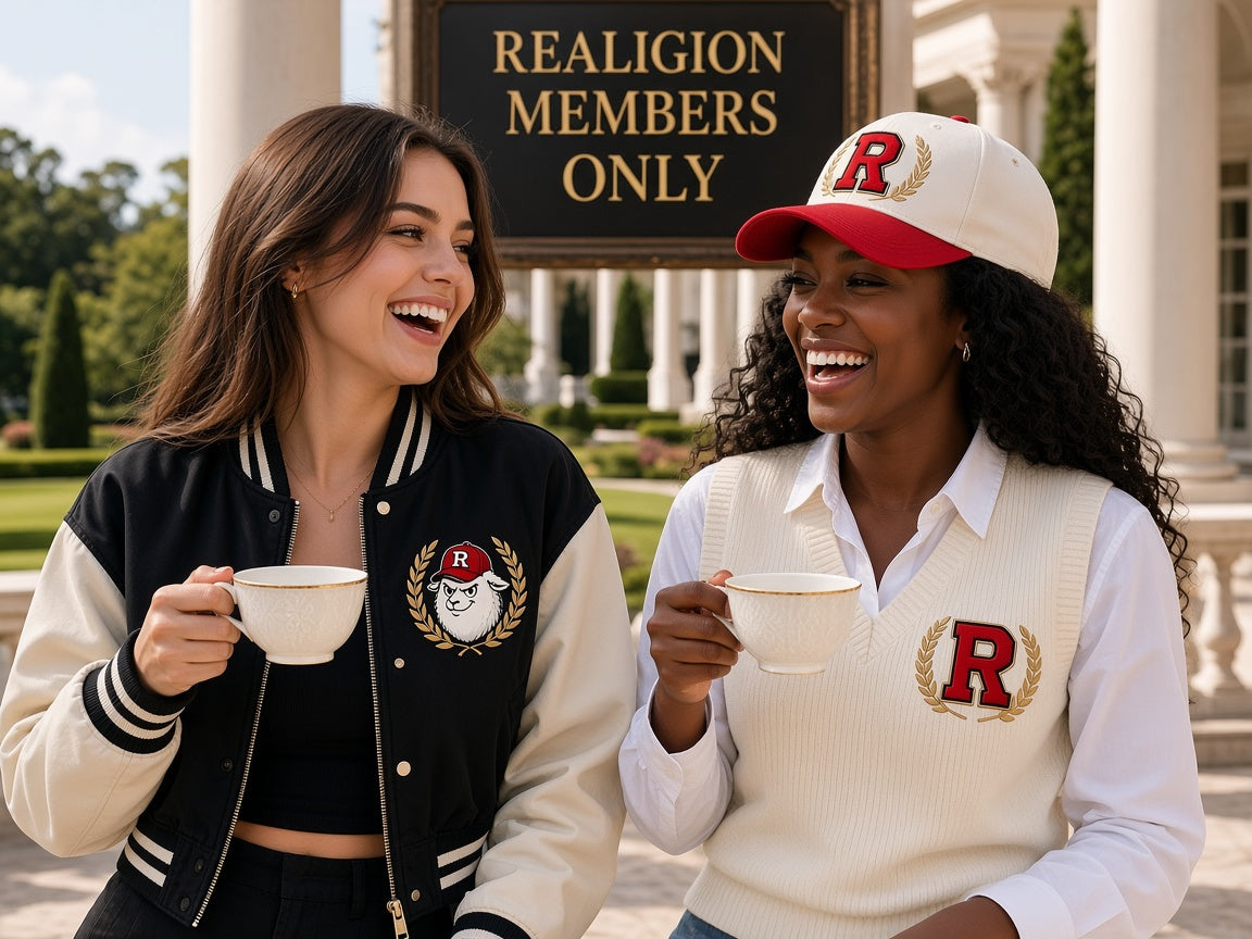 REALIGION Members Only country club terrace tea: black and cream varsity jacket with lamb crest, cream R sweater vest and cream Wreath R fitted cap with red brim