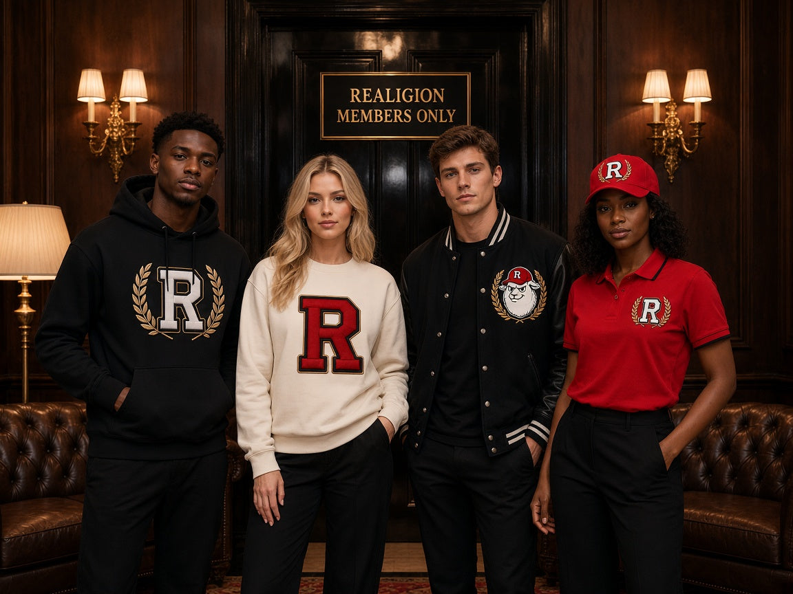 REALIGION Members Only private lounge: black Wreath R hoodie, cream R crewneck, black varsity jacket and bright red Wreath R polo with red Wreath R fitted cap