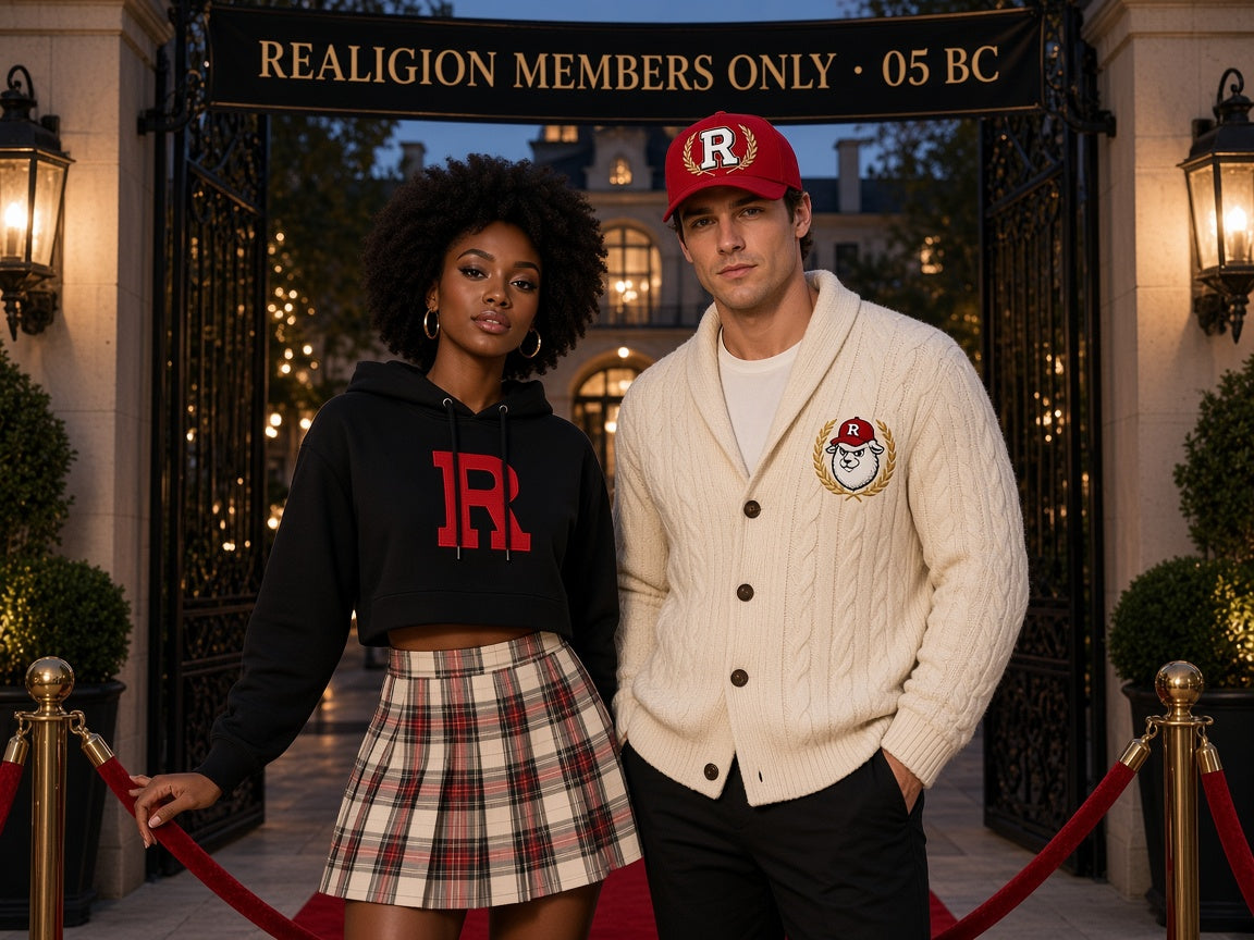 REALIGION Members Only 05 BC velvet-rope entrance: cream cable-knit cardigan with lamb crest and red Wreath R fitted cap, black cropped R hoodie with plaid skirt