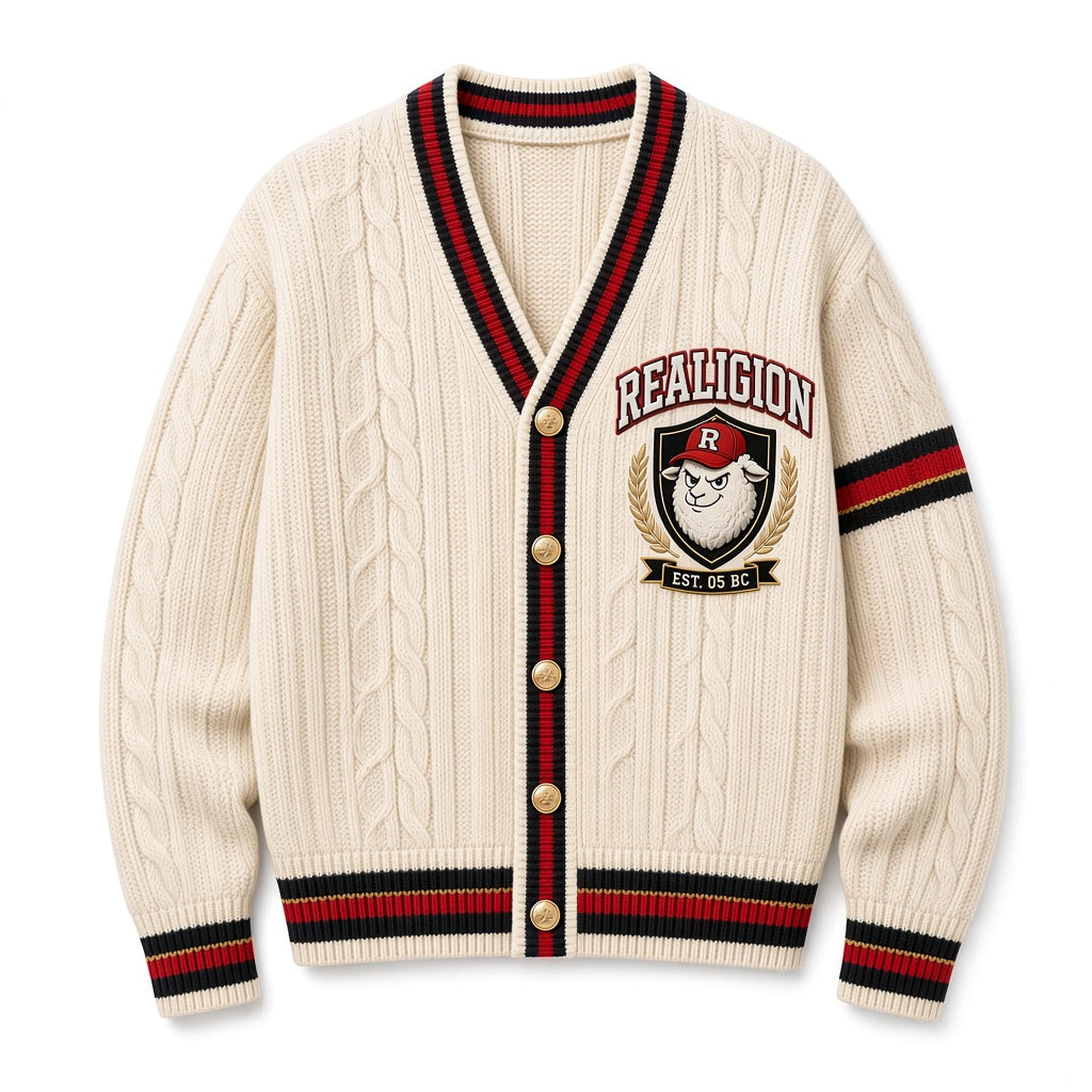 Cream cable-knit REALIGION Varsity Cardigan with black, red and gold striped trim, gold-tone buttons, lamb crest patch and varsity sleeve stripe