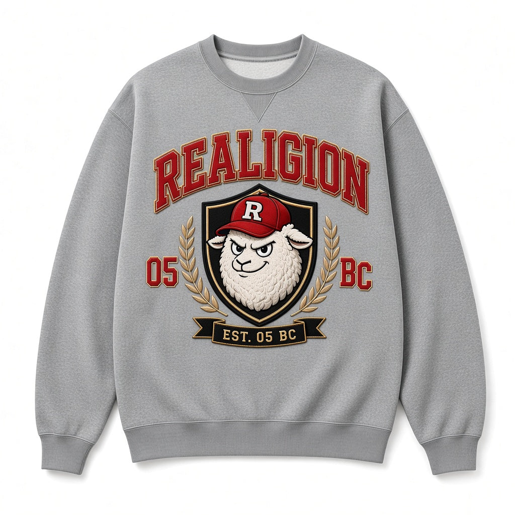 Heather gray REALIGION Varsity Crest Crewneck with red arched lettering, lamb mascot in a black and gold shield with laurels and Est. 05 BC banner