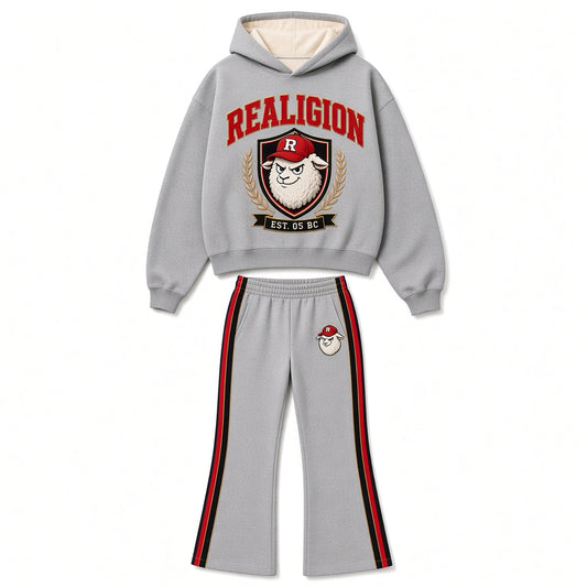 REALIGION Varsity set: heather gray cropped hoodie with red lettering and black and gold lamb crest, with gray flare pants with black, red and gold side stripes