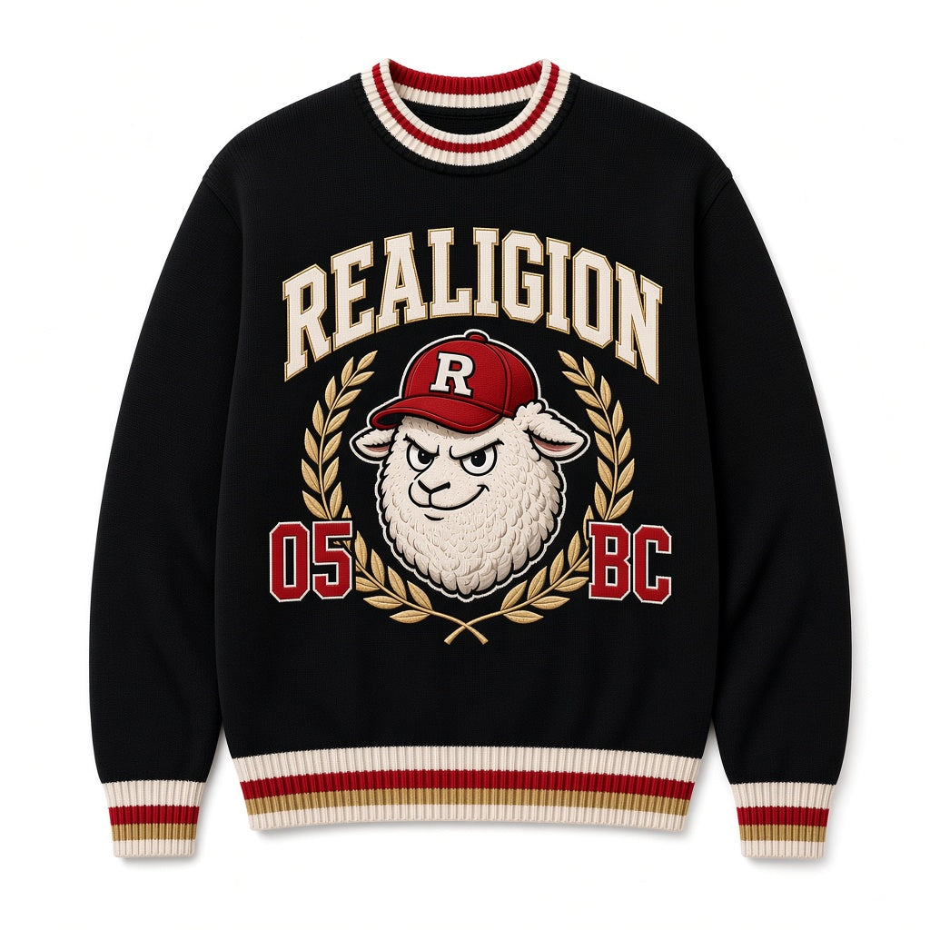 Black REALIGION Varsity knit sweater with cream arched lettering, lamb mascot in a red R cap within gold laurels, red 05 BC numerals and cream, red and gold ribbing