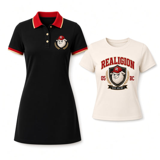 Black REALIGION Varsity Polo Dress with bright red collar and sleeve bands tipped in gold, gold-tone buttons and lamb chest logo with laurels