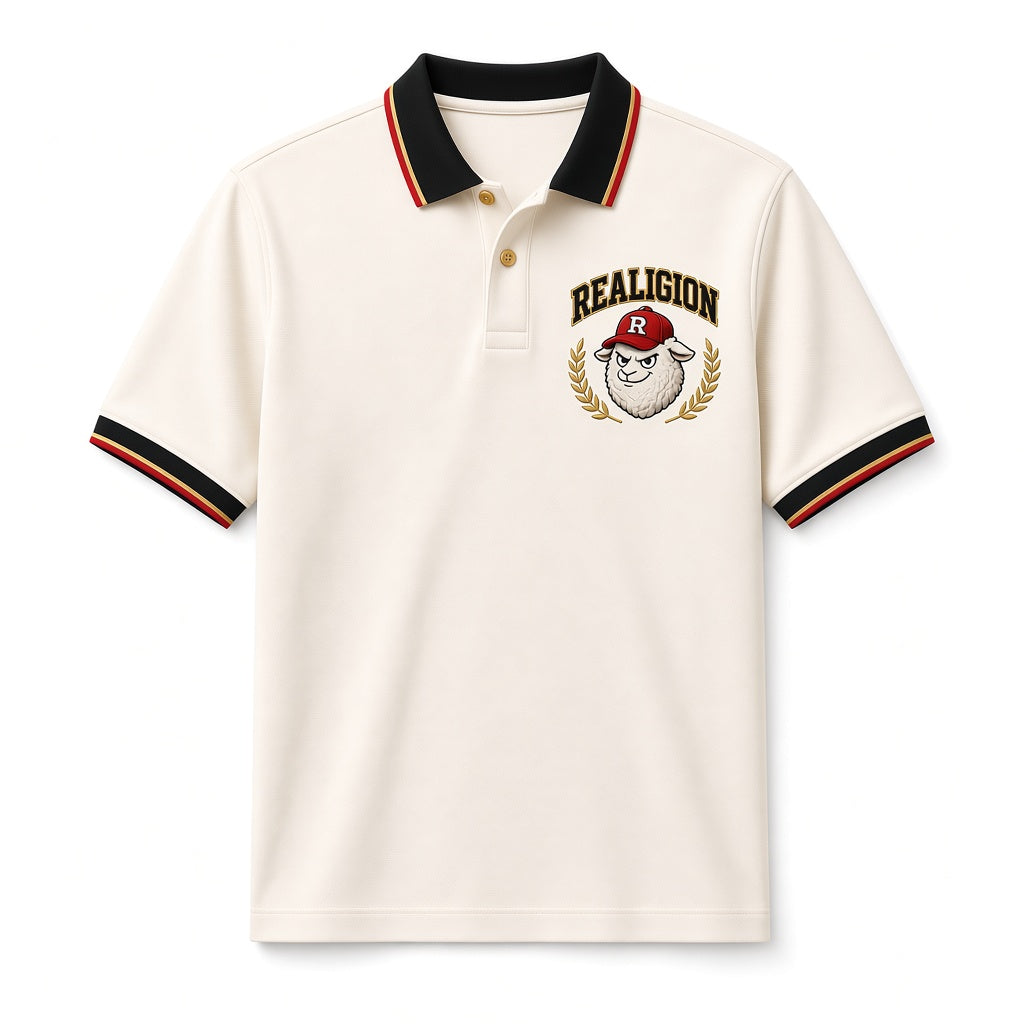 Cream REALIGION Varsity Polo with black collar and sleeve bands tipped in red and gold, and REALIGION lamb chest logo with gold laurels