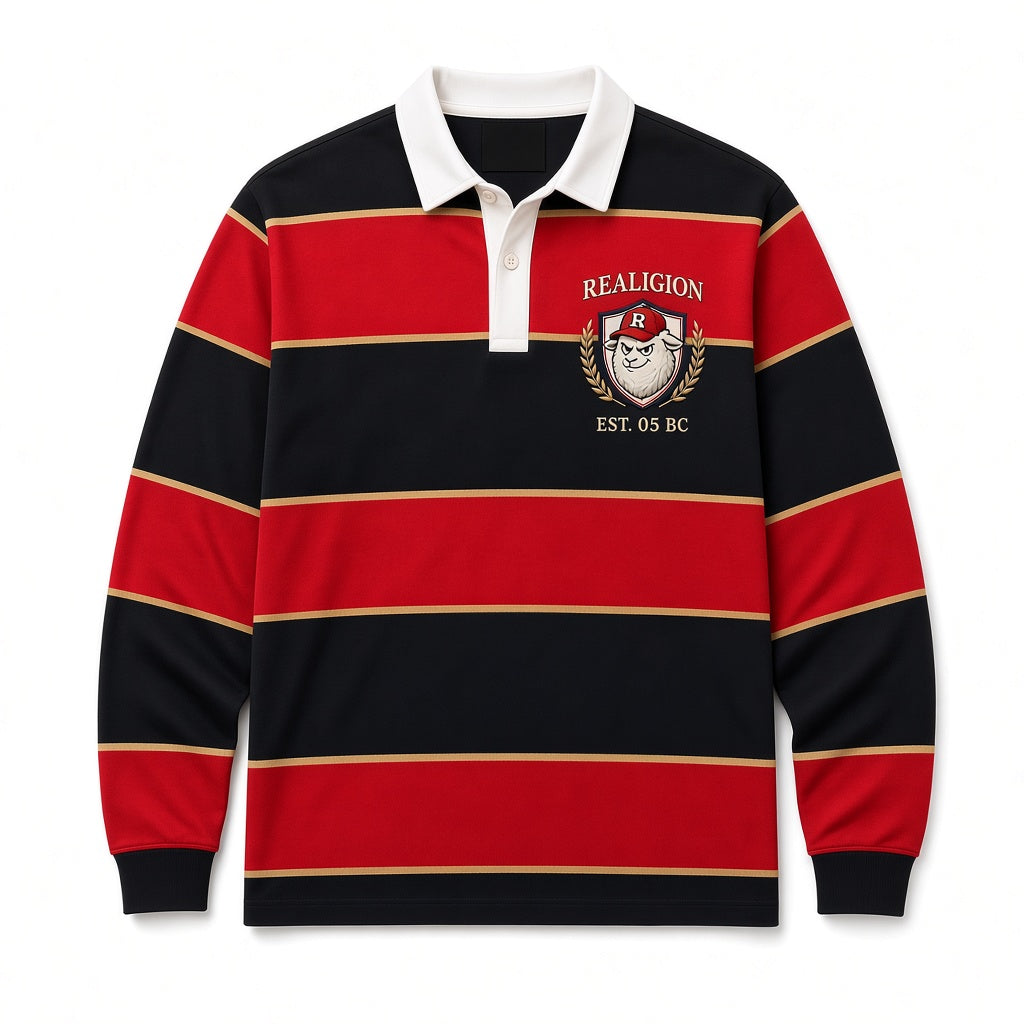 REALIGION Varsity Rugby Shirt in black and red hoop stripes with gold pinstripes, white collar and REALIGION lamb crest at the chest