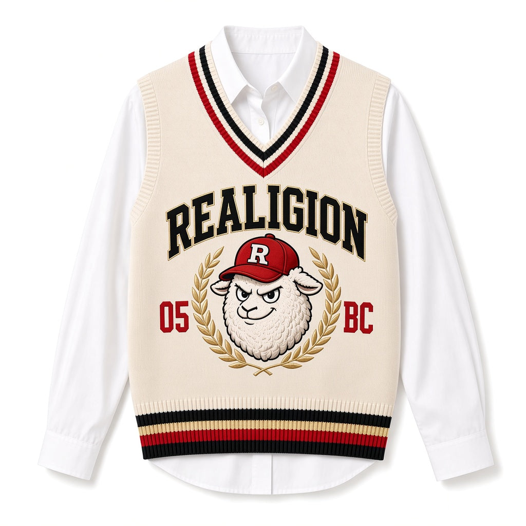 Cream REALIGION Varsity Sweater Vest with black, red and gold striped trim, black lettering, lamb mascot in gold laurels and red 05 BC, layered over a white shirt