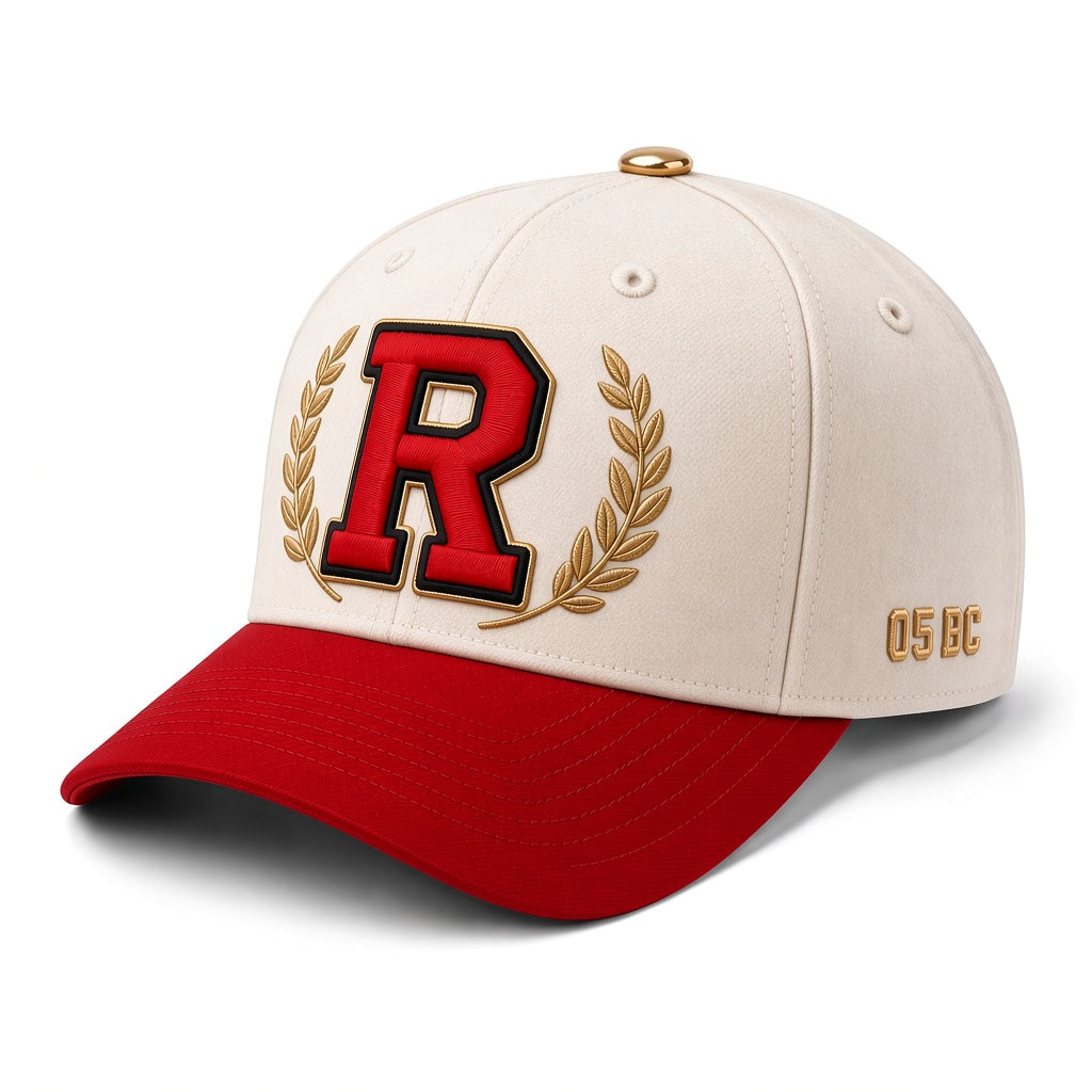 REALIGION Varsity Wreath R Fitted Cap in cream with red brim, raised red R inside a gold laurel wreath and gold 05 BC side detail