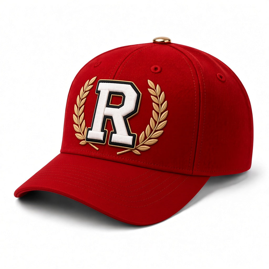 REALIGION Varsity Wreath R Fitted Cap in solid red with raised cream R inside a gold laurel wreath and gold 05 BC side detail