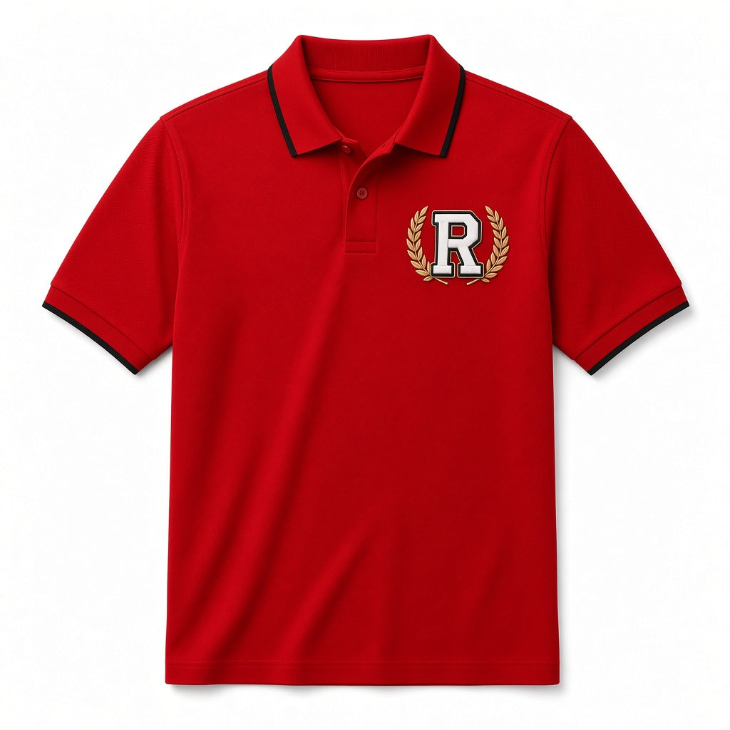 Bright red REALIGION Varsity Wreath R Polo with black-tipped collar and sleeves and cream R inside a gold laurel wreath at the chest